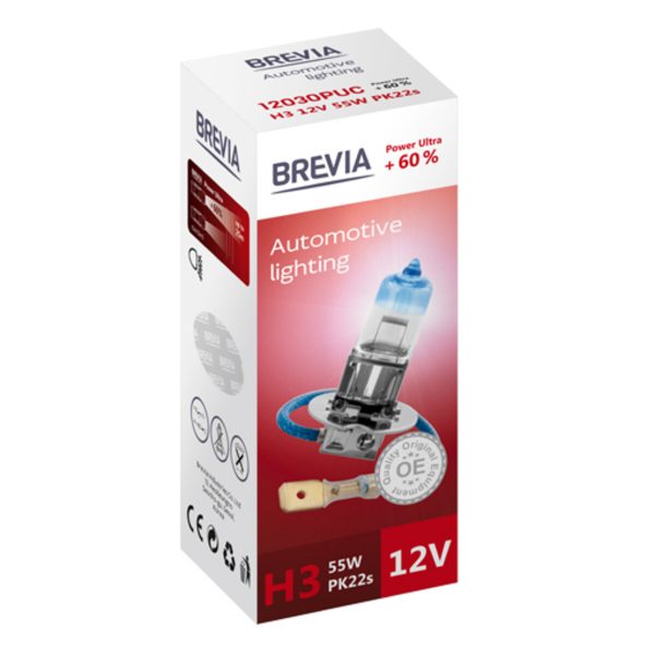 Галогенова лампа Brevia H3 12V 55W PK22s Power Ultra +60% CP