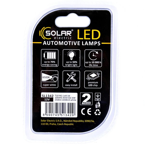 LED автолампа Solar 12V T10 W2.1x9.5d 10SMD white, 2шт - Зображення 2