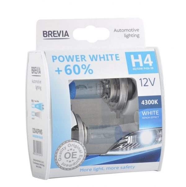 Галогенова лампа Brevia H4 12V 60/55W P43t Power White +60% 4300K S2