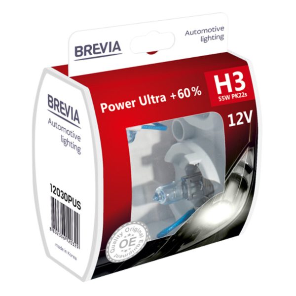 Галогенова лампа Brevia H3 12V 55W PK22s Power Ultra +60% S2