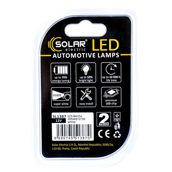 LED автолампа Solar 12V S25 BA15s 20SMD white, 2шт - Зображення 2