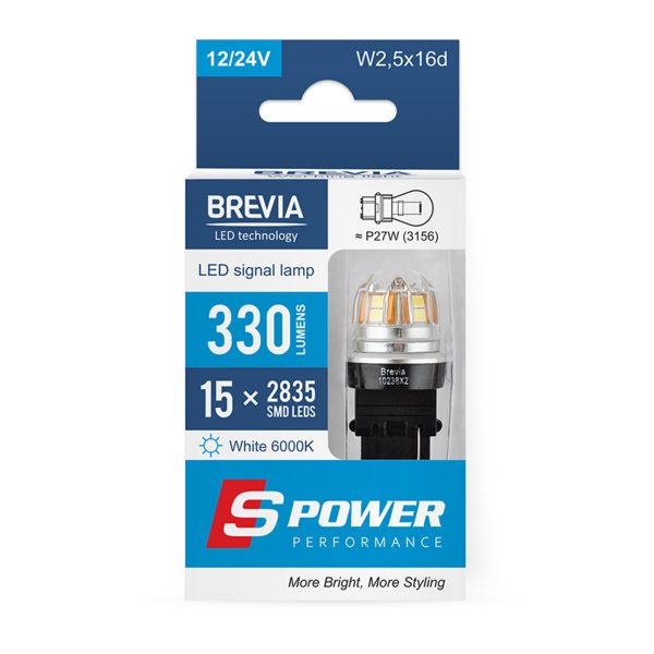 LED автолампа Brevia S-Power P27W (3156) 330Lm 15x2835SMD 12/24V CANbus, 2шт