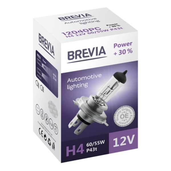 Галогенова лампа Brevia H4 12V 60/55W P43t Power +30% CP