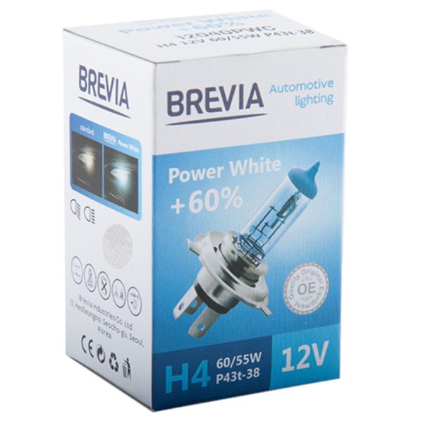 Галогенова лампа Brevia H4 12V 60/55W P43t Power White +60% 4300K CP