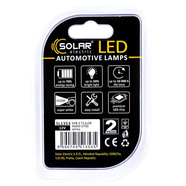 LED автолампа Solar 12V SV8.5 T11x39 4SMD white, 2шт - Зображення 2