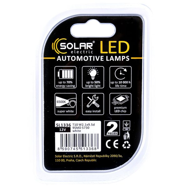 LED автолампа Solar 12V T10 W2.1x9.5d 9SMD white, 2шт - Зображення 2