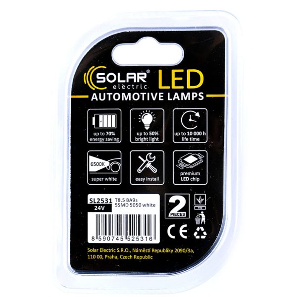 LED автолампа Solar 24V T8.5 BA9s 5SMD white, 2шт - Зображення 2