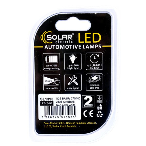 LED автолампа Solar 12-24V S25 BA15s 27SMD white, 2шт - Зображення 2