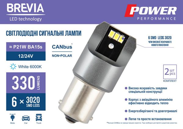 LED автолампа Brevia Power P21W 330Lm 6x3020SMD 12/24V CANbus, 2шт - Зображення 2