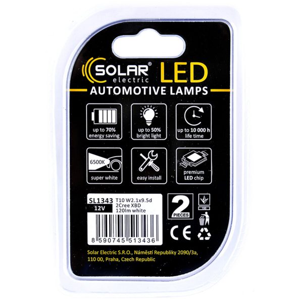 LED автолампа Solar 12V T10 W2.1x9.5d white, 2шт - Зображення 2