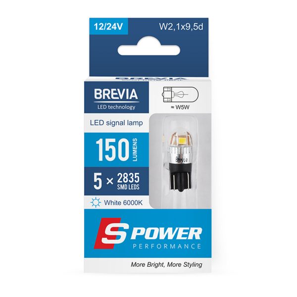 LED автолампа Brevia S-Power W5W 150Lm 5x2835SMD 12/24V CANbus, 2шт