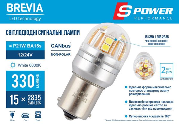 LED автолампа Brevia S-Power P21W 330Lm 15x2835SMD 12/24V CANbus, 2шт - Зображення 2