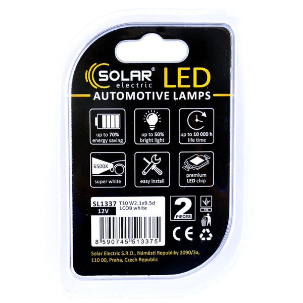 LED автолампа Solar 12V T10 W2.1x9.5d 1COB white, 2шт - Зображення 2