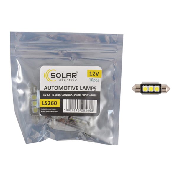 LED автолампа Solar 12V SV8.5 T11x36mm Canbus 5050 3SMD, white 10шт