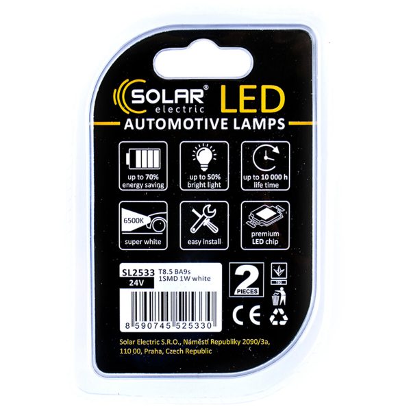 LED автолампа Solar 24V T8.5 BA9s 1SMD white, 2шт - Зображення 2